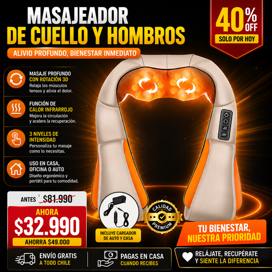 RelaxPro™ | Masajeador de Cuello y Hombros con Calor y Rodillos Profundos